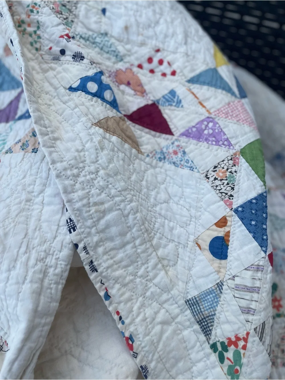 Vintage Feedsack Ocean Wave Quilt Hand Quilted 82x70 Cottage Farmhouse